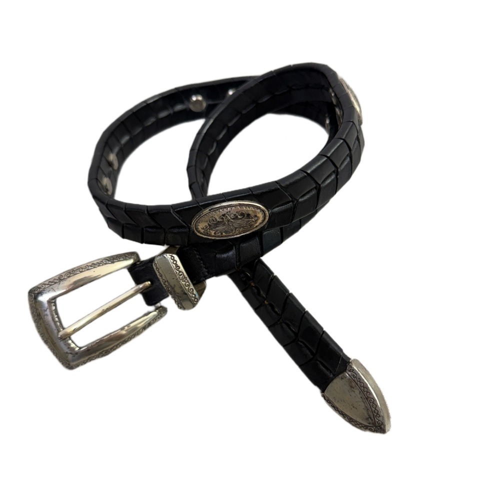 Brighton Leather Belt Womens Small Black Western Medallion Silver Buckle Tip